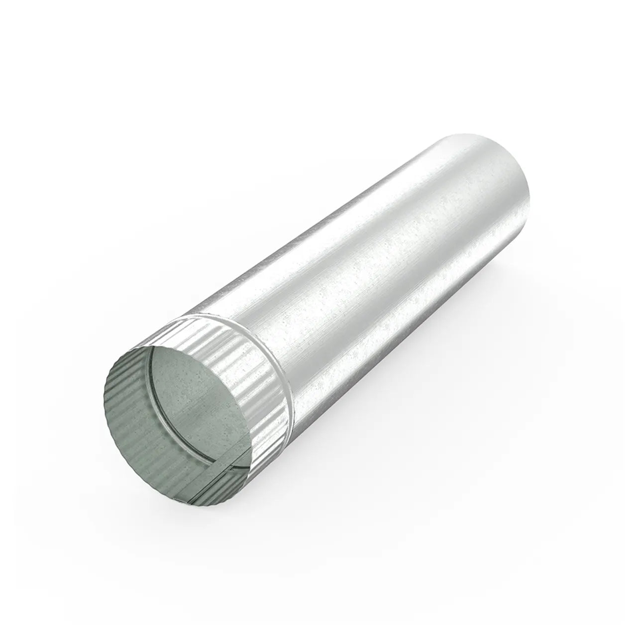A Go Build 6 in. x 5 ft. Metal Duct Pipe, 30 Ga., with a corrugated end is shown on a white background. This shiny cylindrical pipe is used for HVAC or ventilation systems and features The Fastest Way To Build branding.